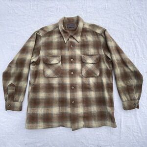 True Vintage Pendleton Board Shirt Surf Plaid Virgin Wool Loop Collar Flannel 70